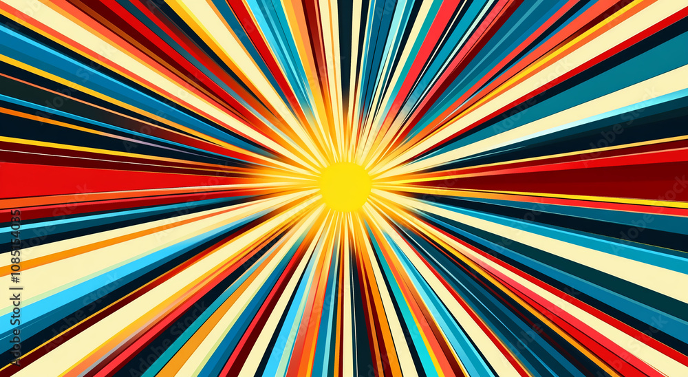 Poster multicolored lines converge to a bright yellow center, creating a dynamic and energetic radial patte