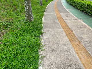 A pathway bordered by grass and trees, designed for walking or cycling.