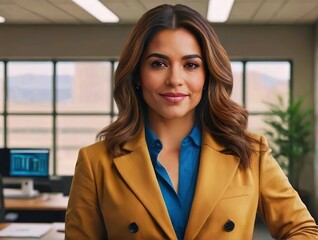 Portrait of young Latina businesswoman standing at office. Happy woman in management position.