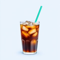 A refreshing glass of iced coffee with ice cubes and a green straw, set against a light blue background.