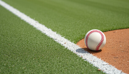 A worn leather baseball rests on a patch of green grass, ready for the next pitch