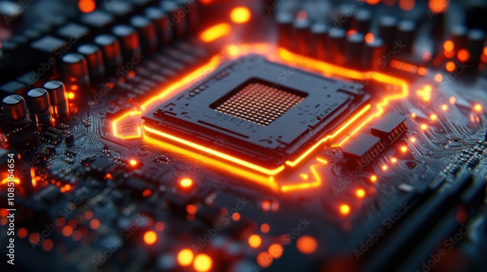 Poster close-up of illuminated cpu on motherboard.