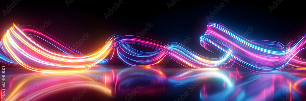 Poster 3d render. abstract panoramic background of looped dynamic neon lines glowing in the dark room with 