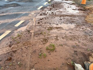 Wet, muddy roadside with patches of grass and tire tracks after rainfall.