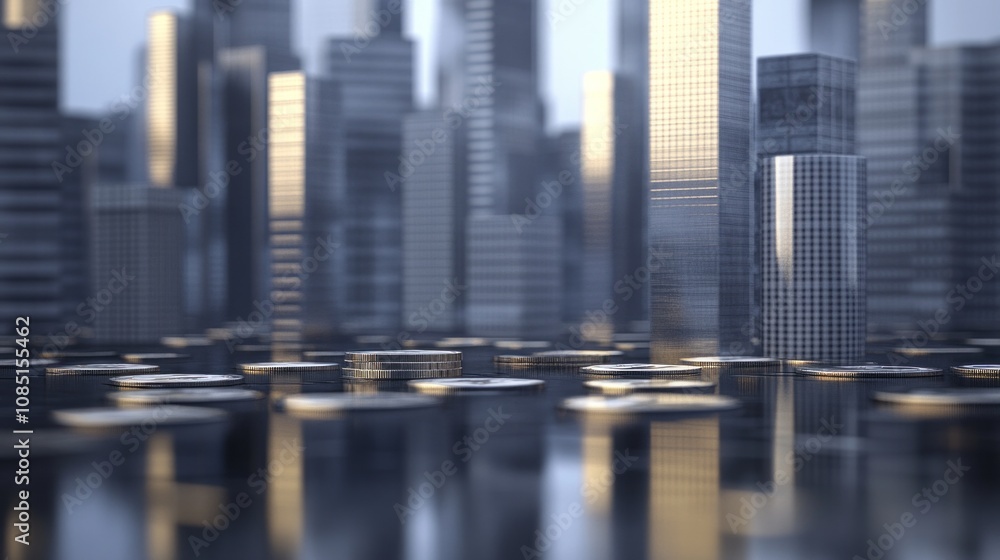 Poster a city skyline with a large building in the middle