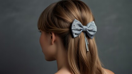 Naklejka premium A close-up view of a girl’s hairstyle featuring smooth, long hair adorned with a stylish pastel blue bow, accentuating a playful and chic appearance