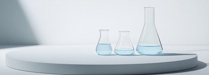 Different laboratory glassware. Isolated on white background Glass beakers filled with light blue liquid.	
