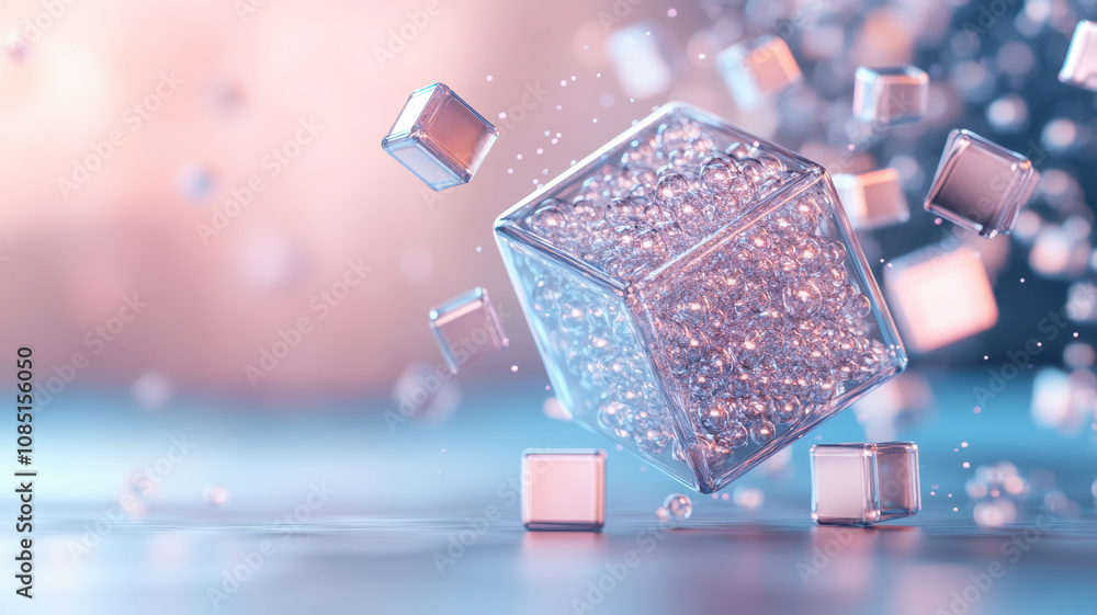 Aufkleber floating glass cube surrounded by smaller cubes and bubbles creates mesmerizing visual effect. soft 