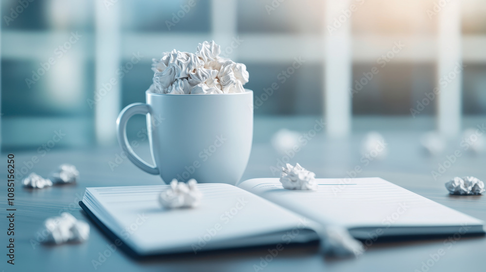 Poster white mug filled with crumpled paper sits beside open notebook, creating creative workspace atmosphere. soft lighting enhances calm and inspiring environment