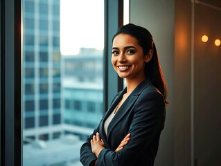 Portrait of young Latina businesswoman standing at office. Happy woman in management position.