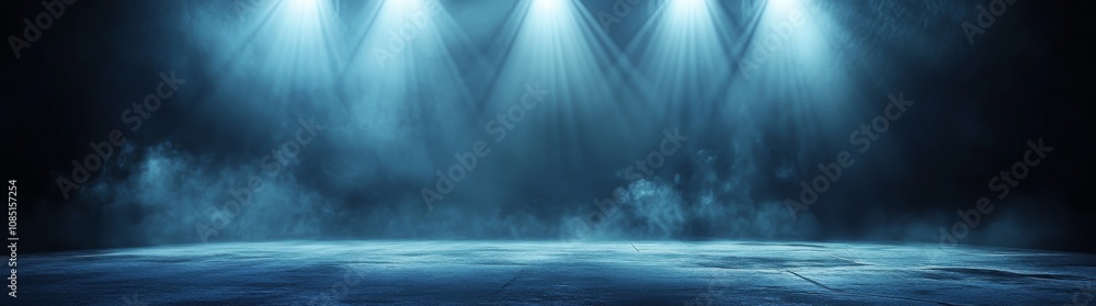 Poster empty stage with spotlights shining down, creating a dramatic effect. dark blue background with smok