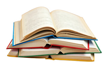 A stack of colorful, open books resting on a white surface, inviting readers to explore their contents in a quiet setting