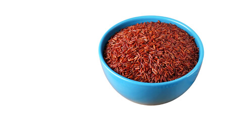 Nutritious red rice in a blue bowl on a white background, perfect for healthy meals and recipes at any time of the year