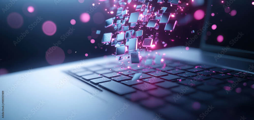 Aufkleber digital holographic elements floating above laptop keyboard create futuristic atmosphere. this captu