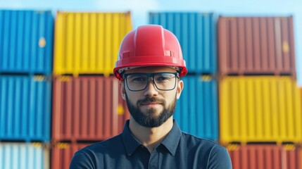 A man wearing a red hard hat and glasses stands confidently in front of colorful shipping containers, symbolizing safety and industry.