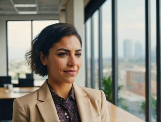 Portrait of young Latina businesswoman standing at office. Happy woman in management position.