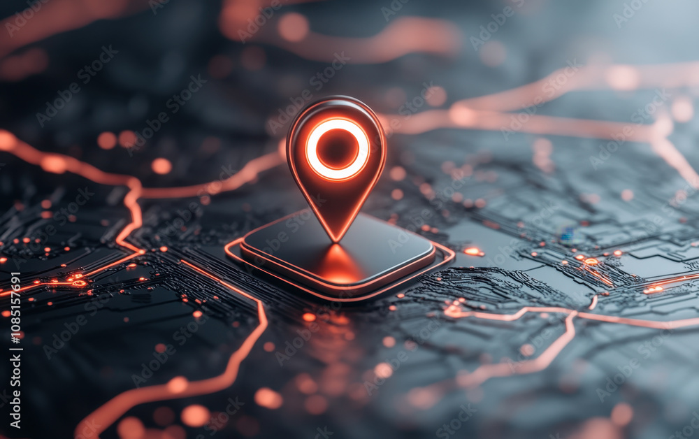 Aufkleber 3d map with glowing location pin on dark, circuit like background, symbolizing navigation and techno