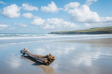 Obraz premium Serene Beach Scene with Driftwood and Reflections Under a Cloudy Sky