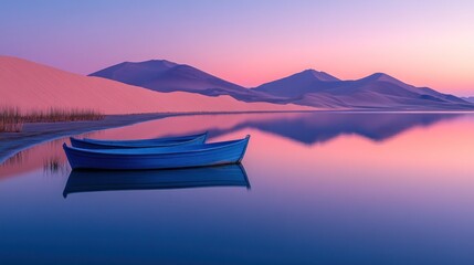 Serene desert lake sunrise with two blue boats.