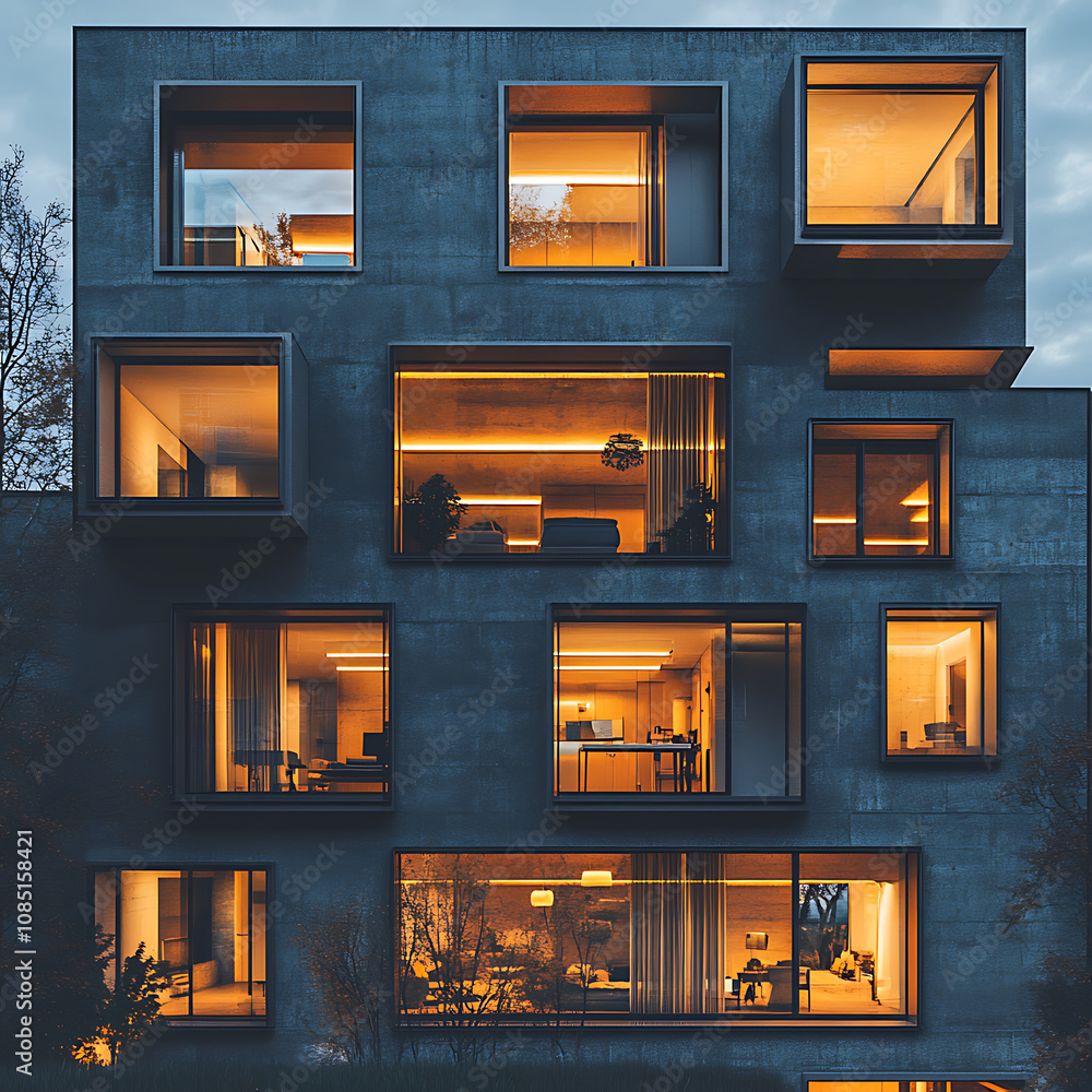 Poster modern concrete building with illuminated windows showcasing interior design. structure features uni