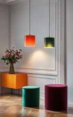 Stylish interior design featuring two pendant lamps, colorful stools, and a vibrant flower arrangement, creating a mood of modern elegance.