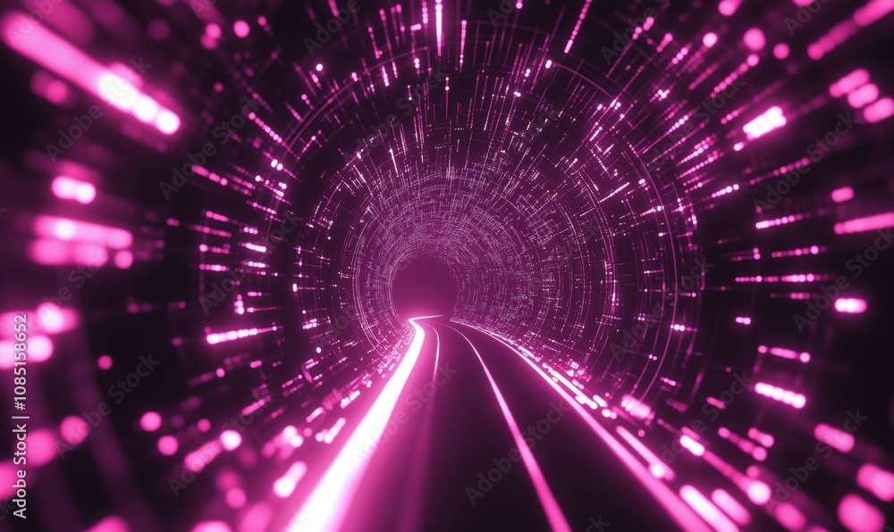 Poster Futuristic tunnel with glowing pink lights, swirling patterns, and dynamic motion. Abstract digital design with vibrant colors and depth.
