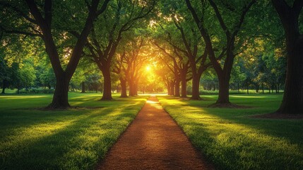 Fototapeta premium Sunlit path through lush green trees.
