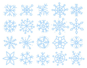 Set of cute snowflake icons on isolated background. Blue snowflakes in various patterns. New Year ornament. Symbols for mobile apps, web design, stickers, banner, cards. Doodle snowflake icons