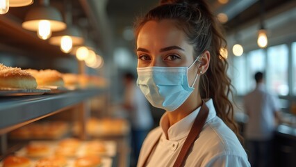 In a bright bakery, a smiling staff member wearing a mask organizes various baked goods on shelves. The warm ambiance creates a welcoming atmosphere for customers