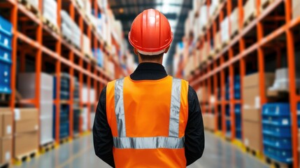 A warehouse worker in safety gear stands in an aisle, overseeing stacked boxes on shelves, emphasizing industrial safety and organization.