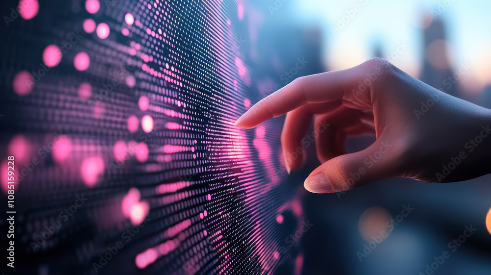 Poster digital interaction with data visualization, showcasing hand touching vibrant display of pink dots a