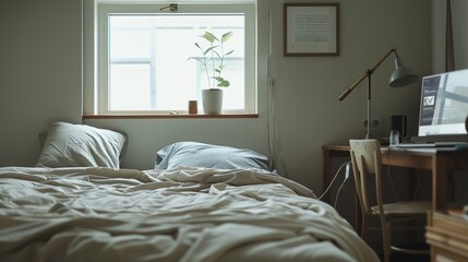 Cozy basement apartment with small window, comfortable bed, and simple wooden desk featuring a laptop. Minimalist decor highlights simplicity and functionality in a warm, inviting space.