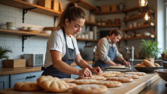 Two bakers work diligently in a warm and inviting kitchen, skillfully crafting and decorating various types of freshly baked bread in the morning light