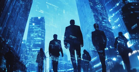 People walking in the city, a digital background with blue lights and data elements