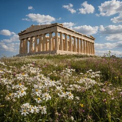 Fototapeta premium The Parthenon framed by blooming wildflowers in spring.