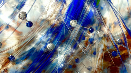 Abstract molecular structure with blue and white spheres