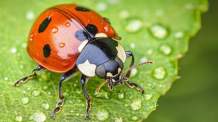 Fototapeta premium A close-up of a vibrant ladybug on a green leaf, showcasing its distinct red shell and black spots amidst dewdrops.