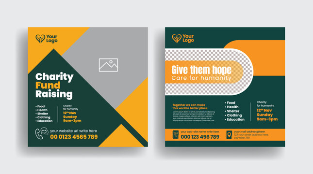 Editable social media posts, banners for charity foundation and voluntary organizations, promotional social media post advertising template