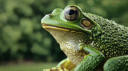 Fototapeta premium A close-up shot of a vibrant green frog highlighting its textured skin and curious expression in a natural environment.