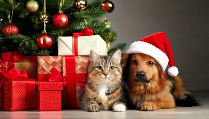 Cool dog and cat wearing santa hats near the gift boxes under the christmas tree