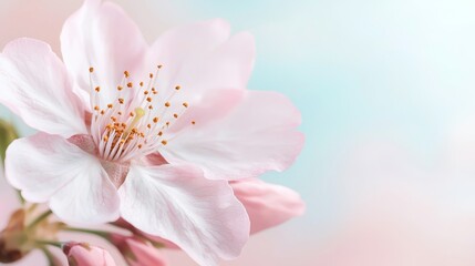 A delicate cherry blossom bloom showcases soft pink petals against a serene pastel background, embodying beauty and tranquility.