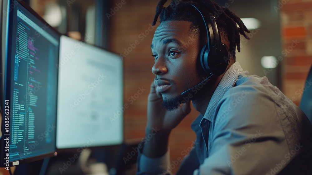 Poster young african american male computer programmer engaged in coding work with headset and multiple mon