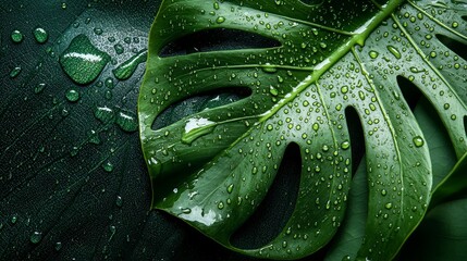 Close-up of a green monstera leaf adorned with water droplets, showcasing the beauty of nature and vibrant greenery.