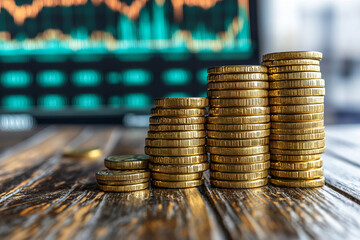 Golden coin stacks with fluctuating market graphs showcasing economic stability, cryptocurrency trading, and financial success