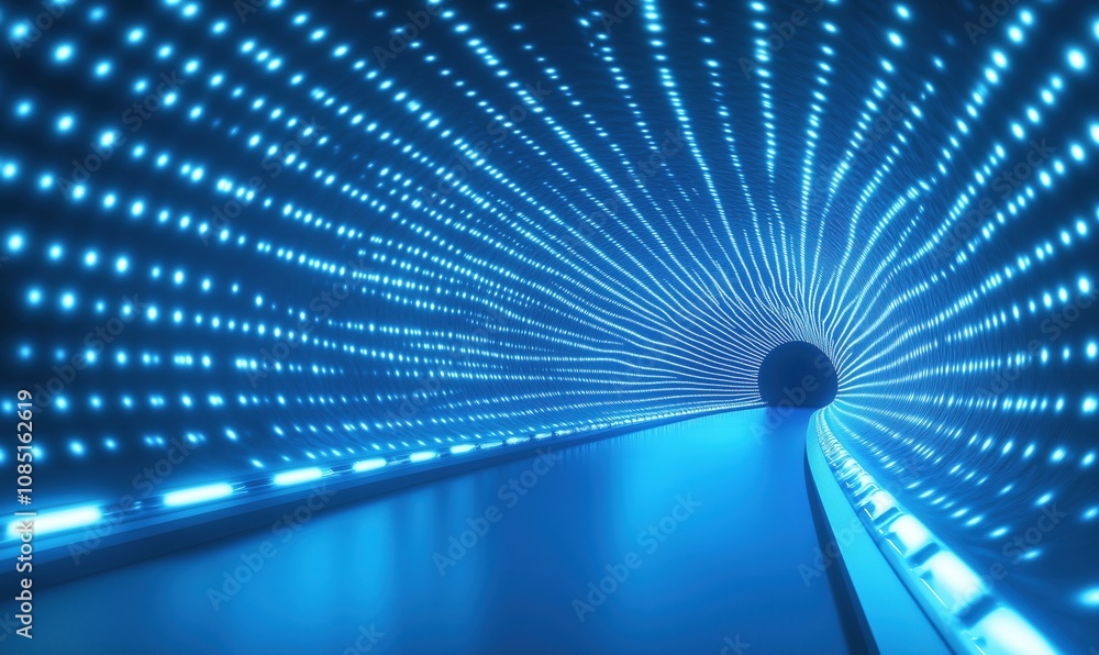 Poster futuristic tunnel with glowing blue lights, swirling patterns, and a dark exit, creating a sense of 