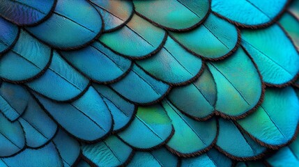 Fototapeta premium Close-up view of vibrant blue feathers creating a mesmerizing and colorful pattern, showcasing nature's intricate design.