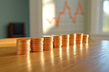 Golden coin stacks with fluctuating market graphs showcasing economic stability, cryptocurrency trading, and financial success