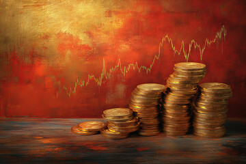 Golden coin stacks with fluctuating market graphs showcasing economic stability, cryptocurrency trading, and financial success