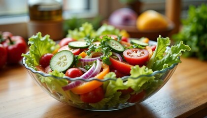 Fresh vegetable salad in a glass bowl on wooden table.