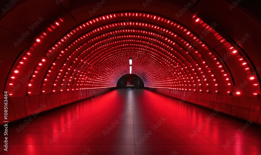 Poster red illuminated tunnel with modern design, featuring curved walls and bright led lights, creating a 